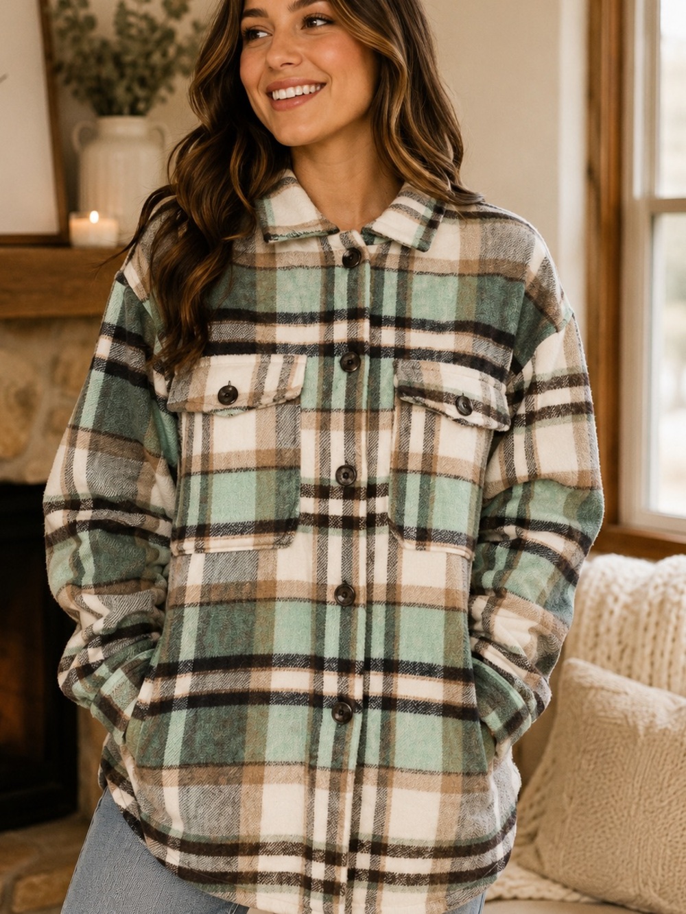 ZARA- NWOT Plaid Oversized Shacket Jacket – Green/Brown Size Small
